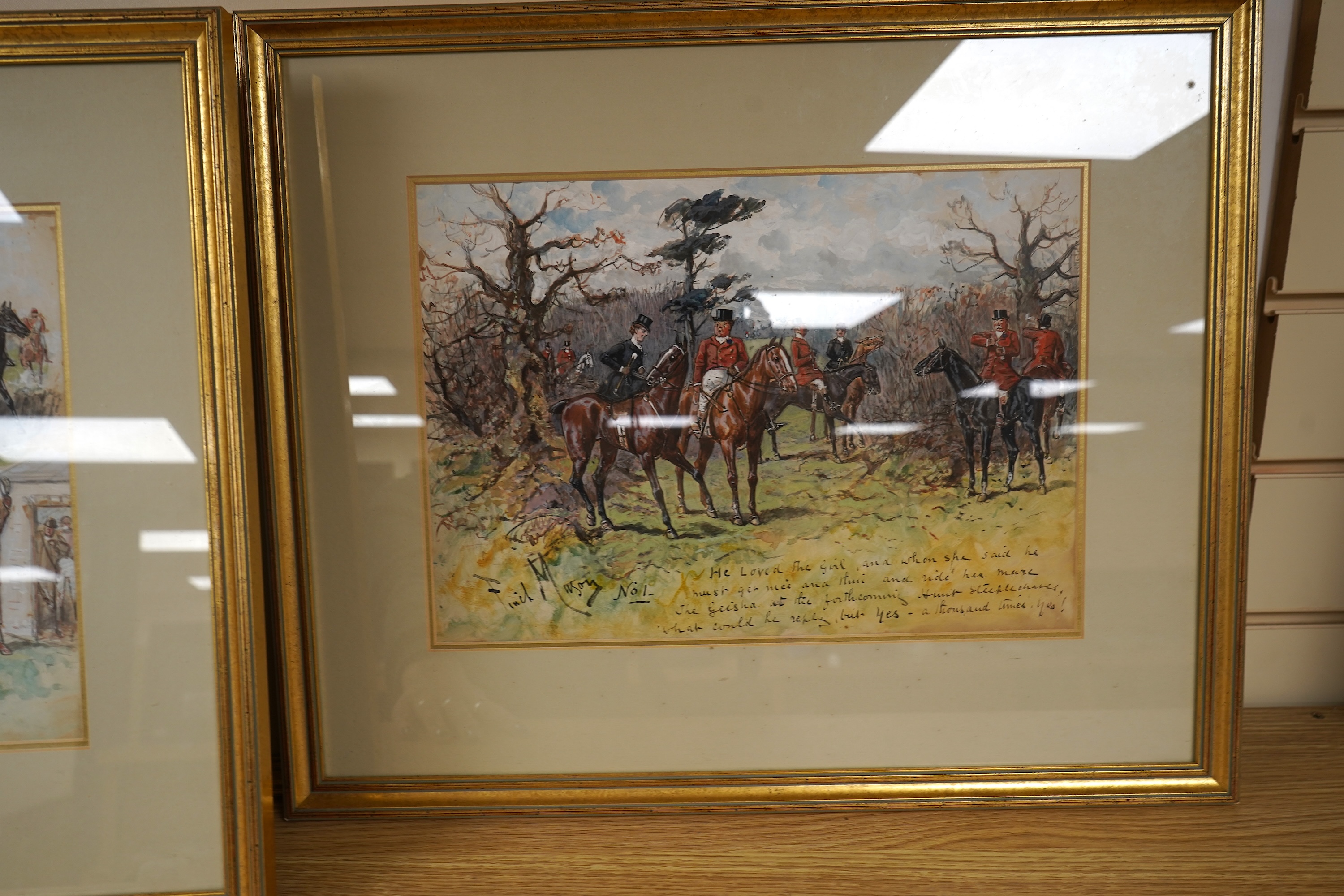 George Finch Mason (1850-1915), Hunting scenes, each signed and inscribed, set of four ink sketches heightened with white, 34 x 44cm together with George Finch Mason (1850-1915), ‘Alas! At the Second Fence the Geisha Ref